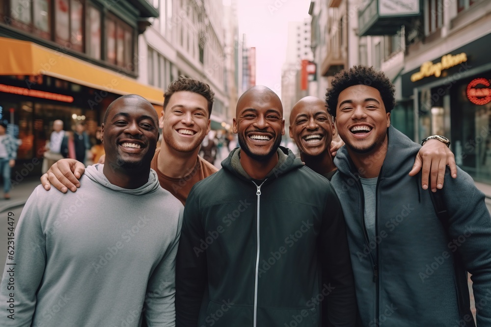 Group of multiracial man standing together in city street