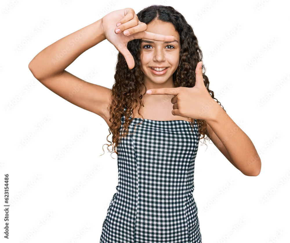 Teenager hispanic girl wearing casual clothes smiling making frame with hands and fingers with happy face. creativity and photography concept. Teenager hispanic girl wearing casual clothes smiling making frame with hands and fingers with happy face. creativity and photography concept.