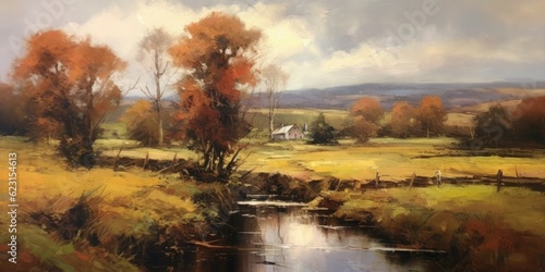 oil painting portraying an autumn countryside scene scene features rolling hills, meandering rivers, and golden fields Generative AI Digital Illustration