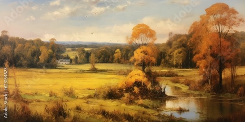 oil painting portraying an autumn countryside scene scene features rolling hills, meandering rivers, and golden fields  Generative AI Digital Illustration