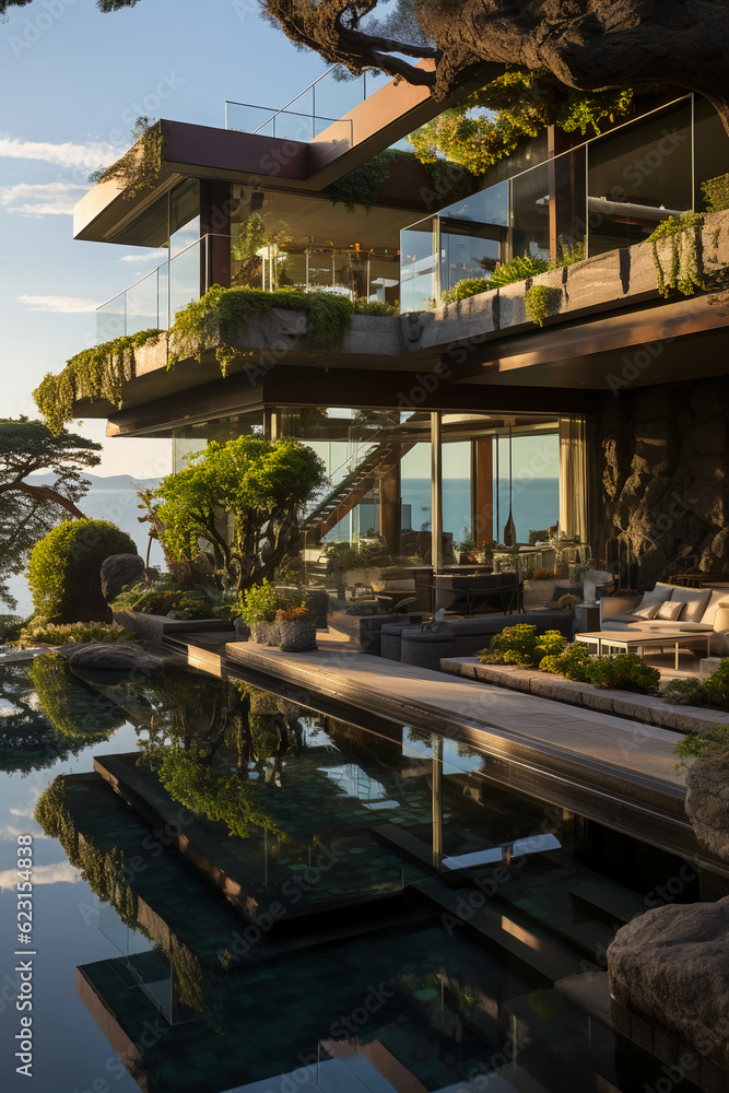 Unique design villa with breathtaking sea views, this contemporary villa captures. AI generative