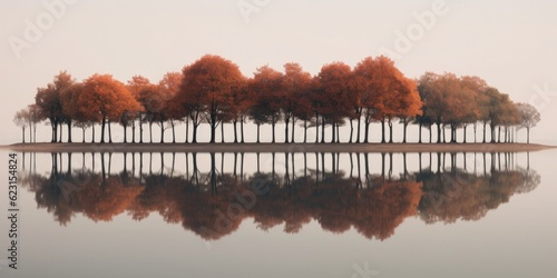 reflection of autumn trees in a calm lake, shot with a wide-angle lens  Generative AI Digital Illustration © Cool Patterns