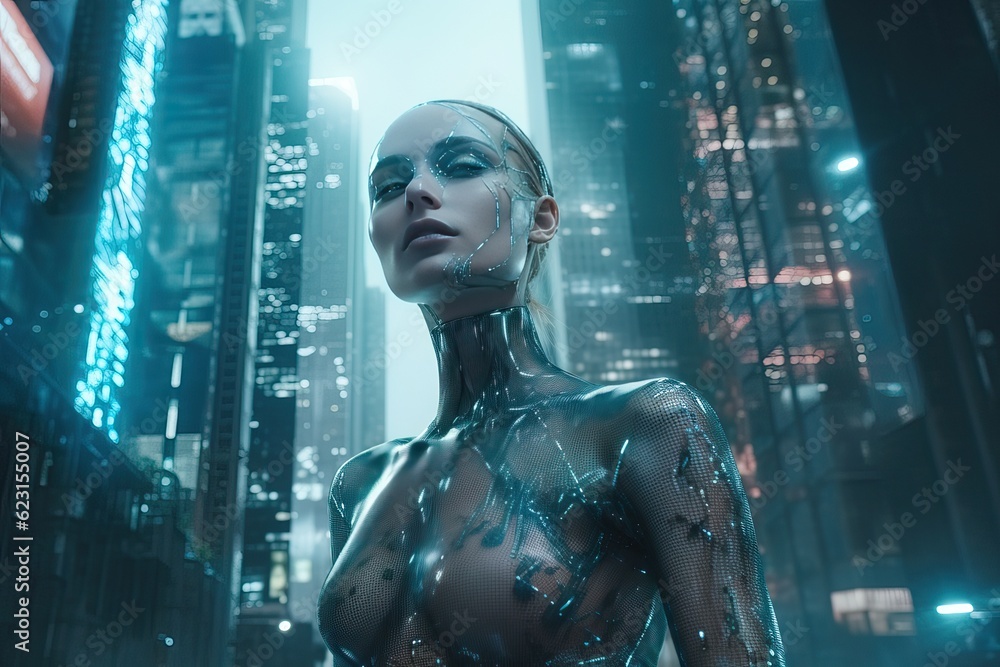 Android robot with female face on digital background. New reality. Replacing people with robots. Android robot with female face on digital background. New reality. Replacing people with robots.