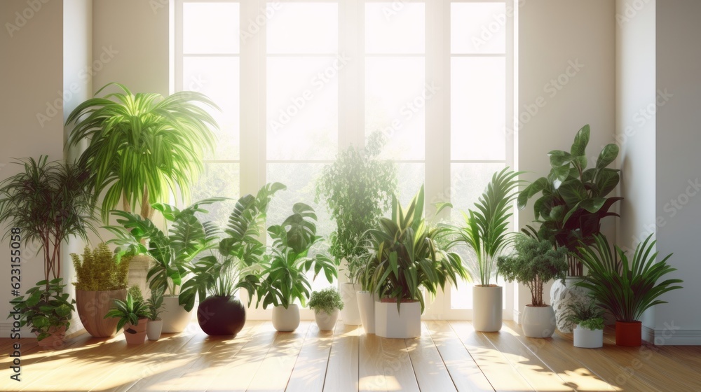 tropical palm tree pot on white clean clear wall with sun light and shade beautiful backdrop mockup nature template design,ai generate