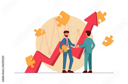 Business growth. The businessmen have made a deal and are shaking hands. There are puzzles all around and the graph arrow grows upwards