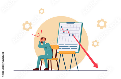 Business crisis. The businessman is desperate. The arrow on the chart is going down