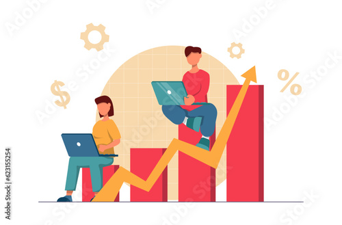 Business growth. People are working on laptops on a growing chart