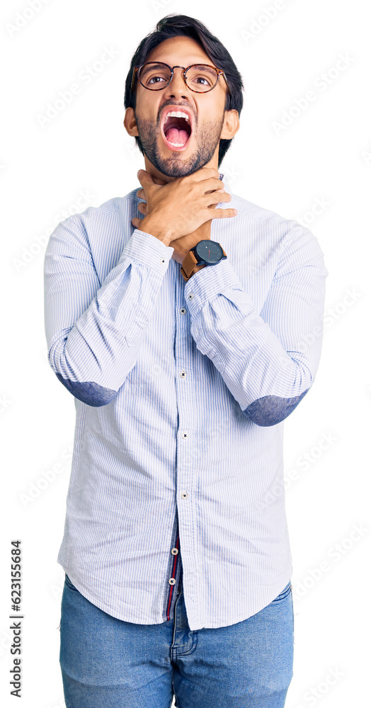 Handsome hispanic man wearing business shirt and glasses shouting suffocate because painful strangle. health problem. asphyxiate and suicide concept. Handsome hispanic man wearing business shirt and glasses shouting suffocate because painful strangle. health problem. asphyxiate and suicide concept.