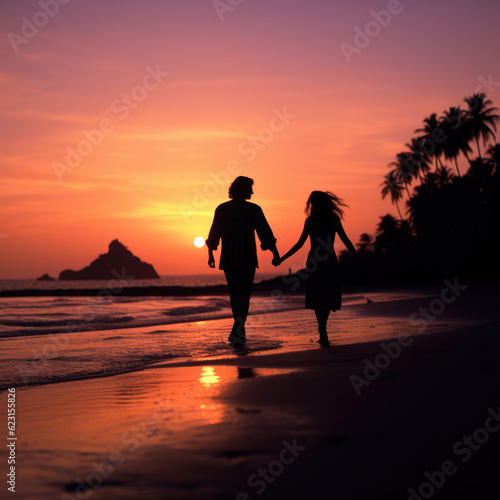 Couple Walking Along Beautiful Beach at Sunset, Ultra-High Resolution