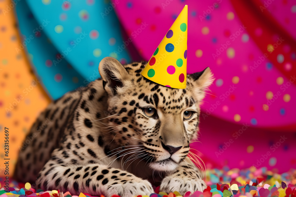 Funny and friendly cute leopard wearing a birthday party hat in studio, on a vibrant, colorful background. Generative AI