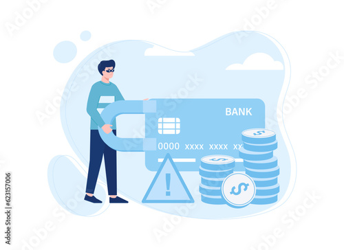 Thief with danger sign and bank card trending concept flat illustration