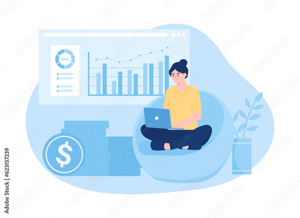 Woman sitting with data analyst and laptop concept flat illustration Woman sitting with data analyst and laptop concept flat illustration