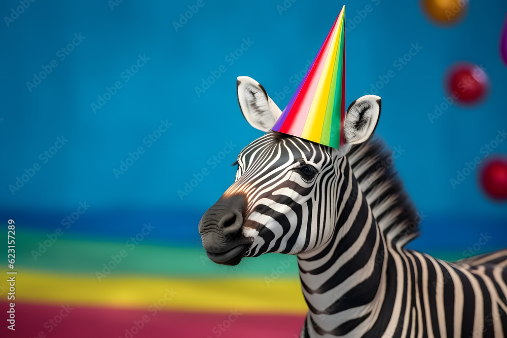 Funny and friendly cute zebra wearing a brithday party hat in studio, on a vibrant, colorful background. Generative AI