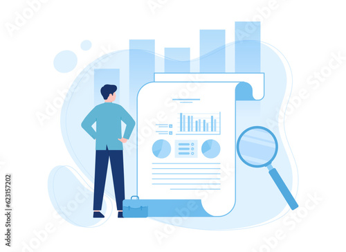 Businessman with data and magnifying glass trending concept flat illustration