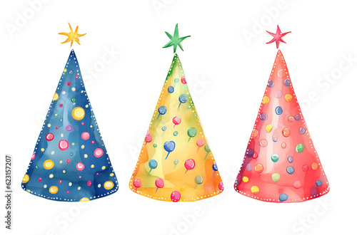 Birthday caps, watercolor Party Hats with transparent background, set of birthday decorative elements 