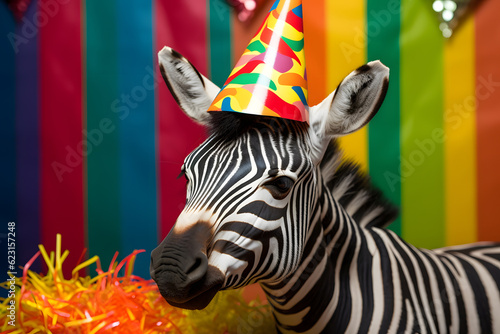 Funny and friendly cute zebra wearing a birthday party hat in studio  on a vibrant  colorful background. Generative AI