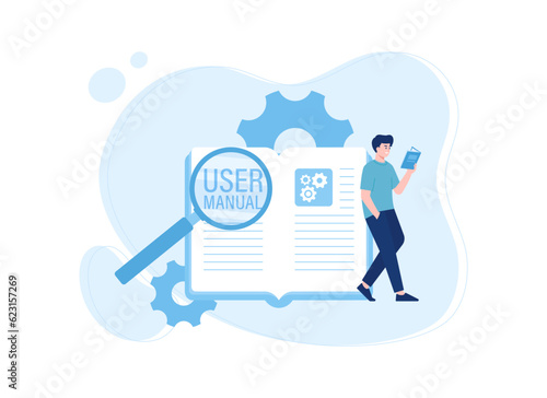 Man reading guidebook with book and magnifying glass concept flat illustration