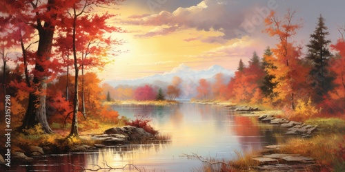 Serene Landscape Painted in the Hues of Fall. As Nature's Palette Transforms, the Air is Filled with the Crisp Essence of Autumn, Inviting You to Immerse Yourself i Generative AI Digital Illustration