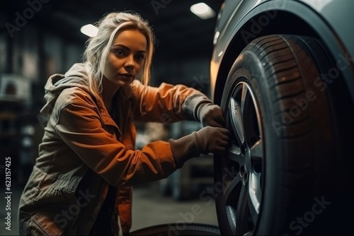 Portrait confident female auto mechanic in garage.