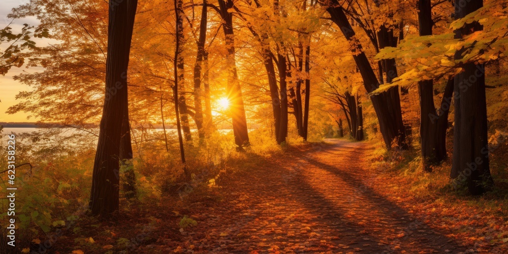 Picturesque Forest Scene, Where a Road of Fall Leaves Meanders Through a Canopy of Gold Foliage. Bathed in the Warm Glow of Illuminating Light, the Footpath Invites  Generative AI Digital Illustration