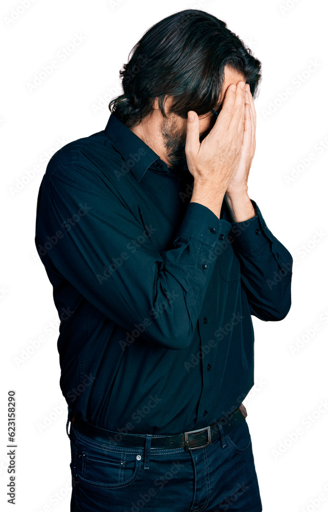 Middle age caucasian man wearing casual clothes and glasses with sad expression covering face with hands while crying. depression concept. Middle age caucasian man wearing casual clothes and glasses with sad expression covering face with hands while crying. depression concept.