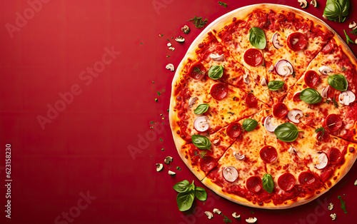 pizza on a board red background ,Generative AI