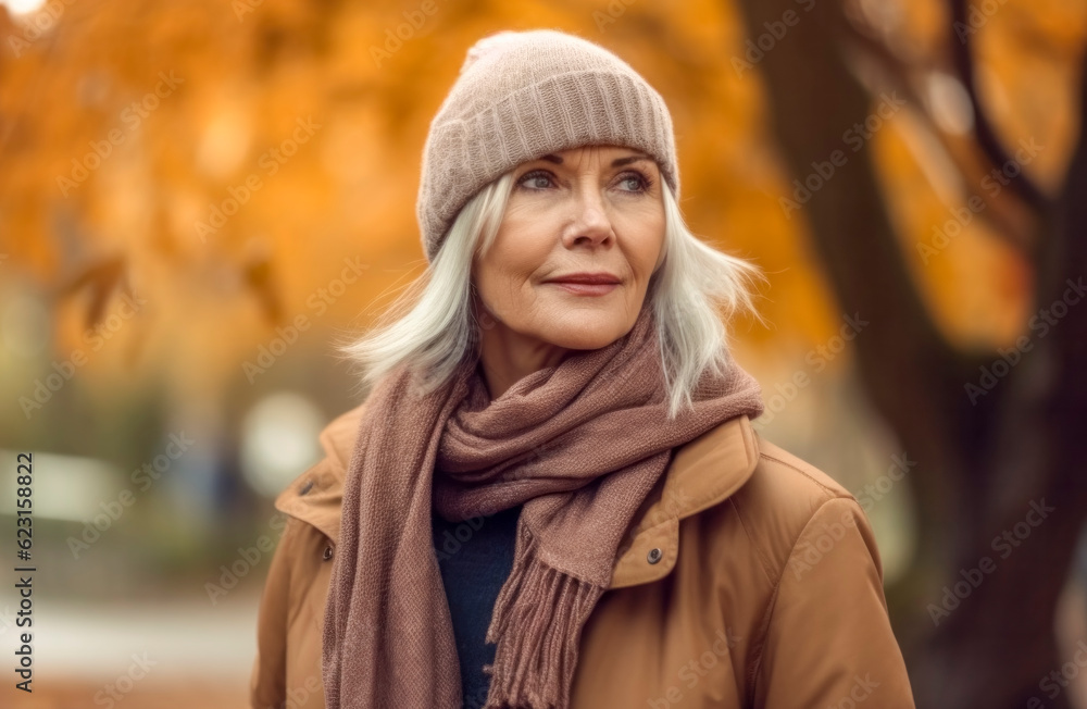 Älterere Frau beim Spaziergang in einem Park im Herbst, Generative KI Älterere Frau beim Spaziergang in einem Park im Herbst, Generative KI