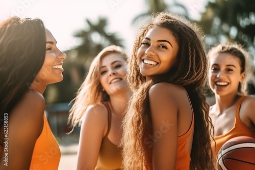 Portrait of four multiracial teen girls standing together and smiling at camera in summer street.