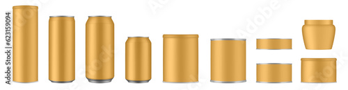 Set of gold tin cans and jars. Coffee or tea canister. Tin can for preserves or pet food. Beer, cocktail or soda can. Chips tube. Cookie jar. Round box for sugar or flour