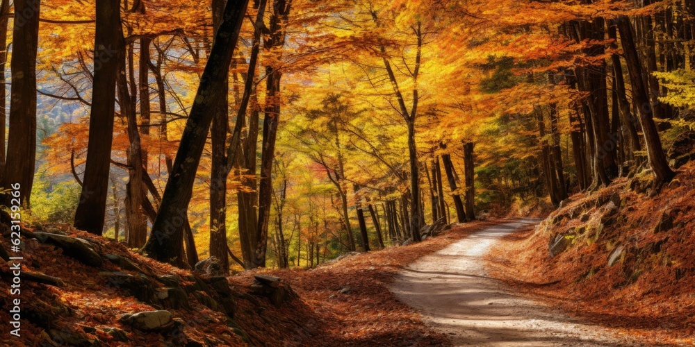 Deep Forest Landscape Revealing Colorful Trees and a Footpath Road. The Magnificent Autumn Colors Paint a Breathtaking View, Conjuring an Atmosphere of Natural Beau  Generative AI Digital Illustration