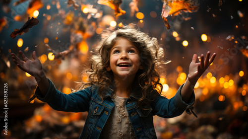 Season of Wonder: a little girl standing in front of a bunch of flying Autumn leaves with her hands spread out