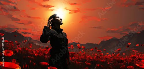 Woman soldier silhouette saluting in a field of poppies. Remembrance Day