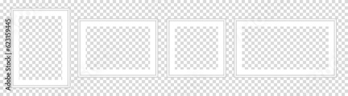 Set of white photo frames. White passe-partout. Square and rectangular pictures. Poster or painting template on a transparent background.