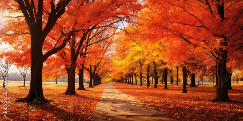 Breathtaking Display of Yellow, Orange, and Red Autumn Leaves, Transforming a Beautiful Park into a Captivating Tapestry of Fall. Immerse Yourself in the Vibrant Hu  Generative AI Digital Illustration