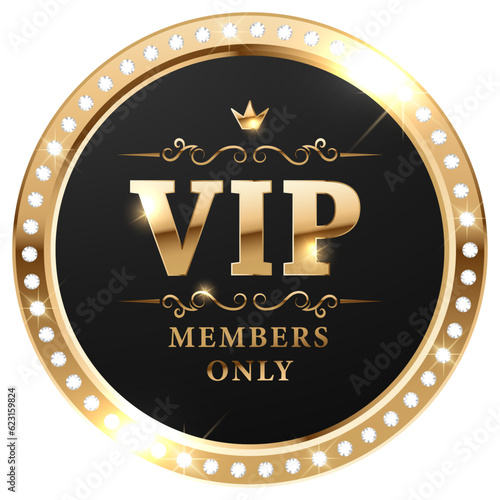 Premium VIP label with gold elements and crown. Vector illustration.