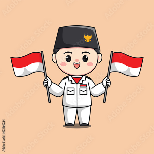 indonesia independence day flag raiser male character chibi kawaii flat cartoon illustration
