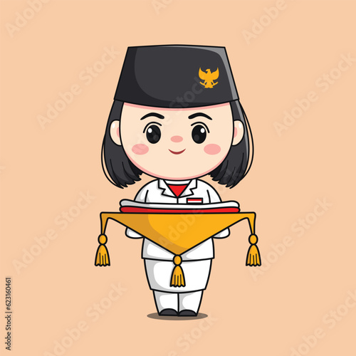 indonesia independence day flag raiser female character chibi kawaii flat cartoon illustration