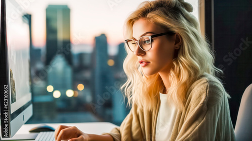 Blonde Geschäftsfrau mit Brille und heller Bluse arbeitet am Computer im Büro. Generative KI photo