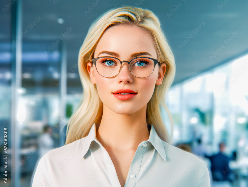 Blonde Geschäftsfrau mit Brille und heller Bluse im Büro. Generative KI Blonde Geschäftsfrau mit Brille und heller Bluse im Büro. Generative KI