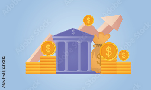 minimum bank deposit and investment, transactions money dollar.bank building with coin icon style on graph investment.on blue background.Vector Design Illustration.