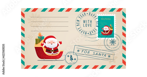 Template of an old Christmas envelope with the image of Santa.Retro style Christmas greeting card with rubber seal, stamp.Vector illustration in cartoon,retro style