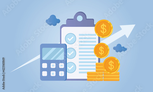 Concept of financial report, digital accounting, audit and financial research. Calculator and coins flat style.on blue background.Vector Design Illustration.