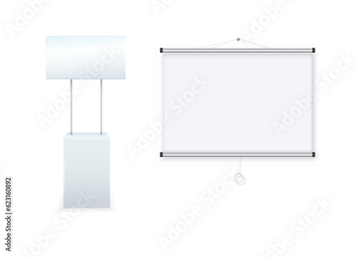 Advertising promotional stands. Realistic modern simple rack or counters multiple promotional desk with sign top clean empty promo tables with signboard white mockup. Vector