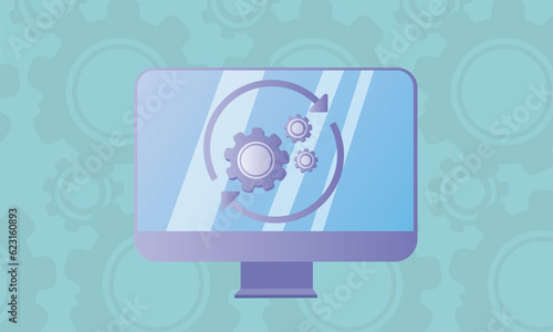 Loading process in computer screen. System software update, data upgrade or synchronize with progress bar.on gear background.Vector Design Illustration.