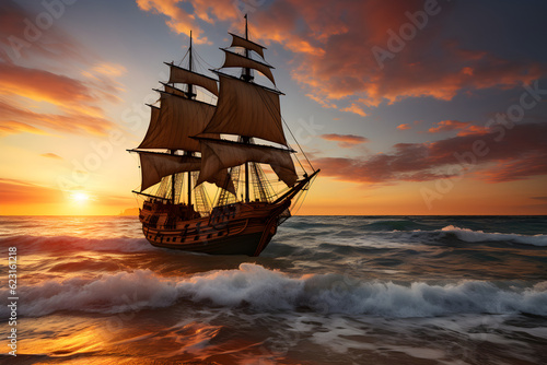 Sailing ship at sunset in the sea, generated ai photo