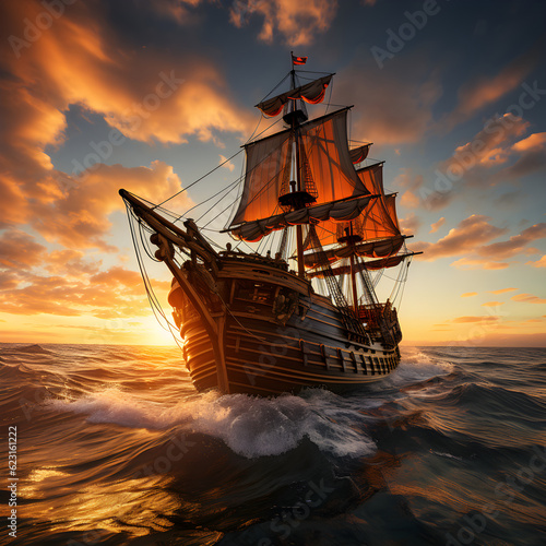 Sailing ship at sunset in the sea, generated ai