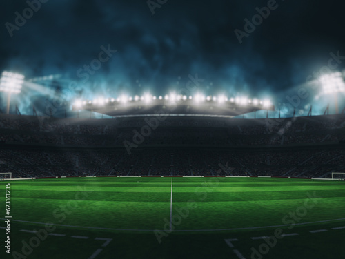 Soccer stadium with the stands full of fans waiting for the game, with no players. 3D Rendering © alphaspirit