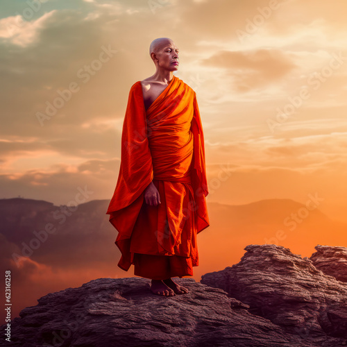 Buddhistischer Mönch in orangfarbener Robe meditiert einsam auf einem Berg, Minimalistisch, Generative KI