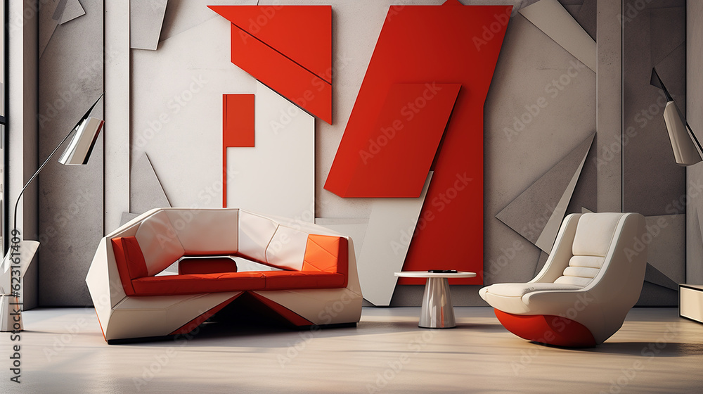 Red wingback chair and white sofa in bright room. Suprematism style