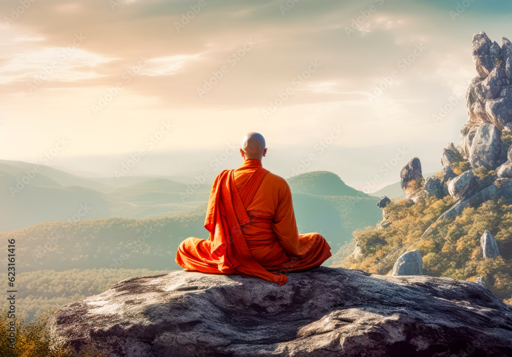 Buddhistischer Mönch in orangfarbener Robe meditiert einsam auf einem Berg, Minimalistisch, Generative KI